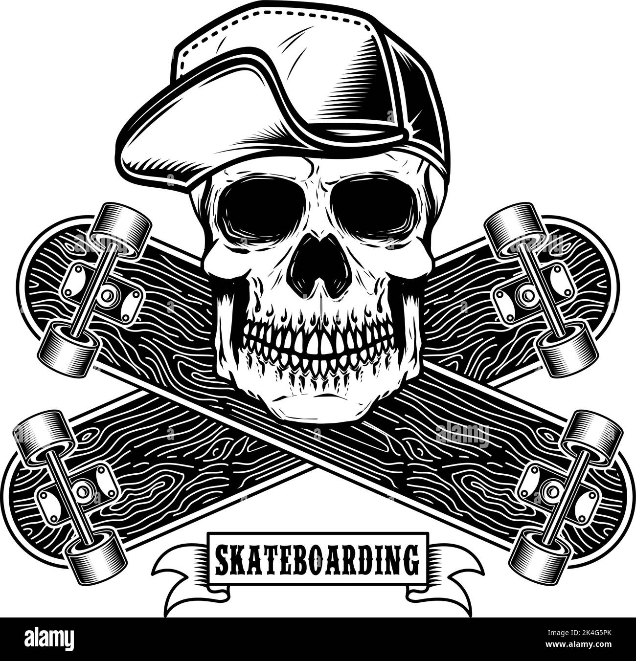 Skateboarder cranio con skateboard incrociati. Elemento di design per logo, etichetta, poster, t-shirt. Illustrazione vettoriale Illustrazione Vettoriale