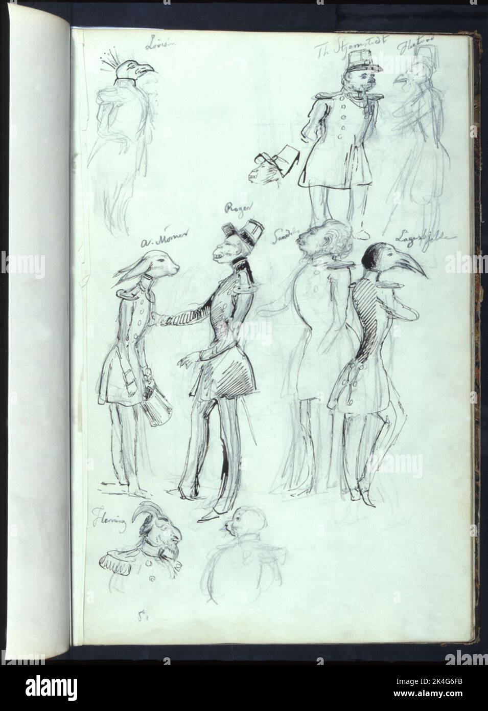 Corpi umani con teste animali. A. Mörner, Sandels, Lagerbjelke e altri. Disegno caricatura di Fritz von Dardel. Nordico Foto Stock