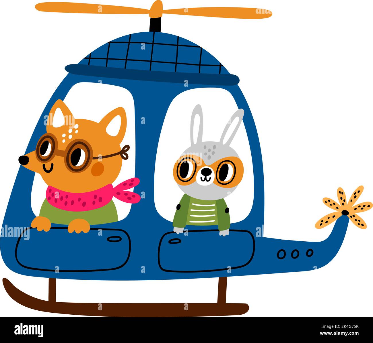Pilota animale. Carino personaggio cartone animato in aereo. Volando in elicottero la volpe e il coniglio. Mammal pilota chopper con il passeggero lepre. Trasporto aereo Illustrazione Vettoriale