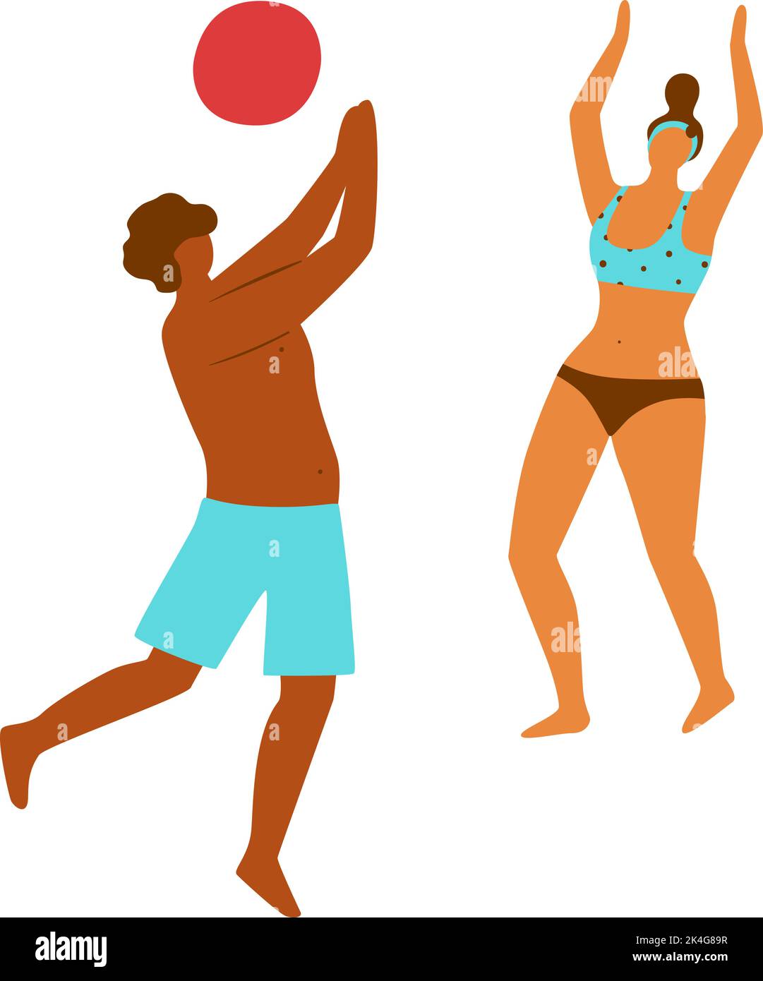 Gente di spiaggia. Uomo e donna giocano a pallavolo insieme. Vacanze estive. Tempo libero sulla riva del mare. Persone felici in costume da bagno. Giochi attivi sulla sabbia. Coppia Illustrazione Vettoriale