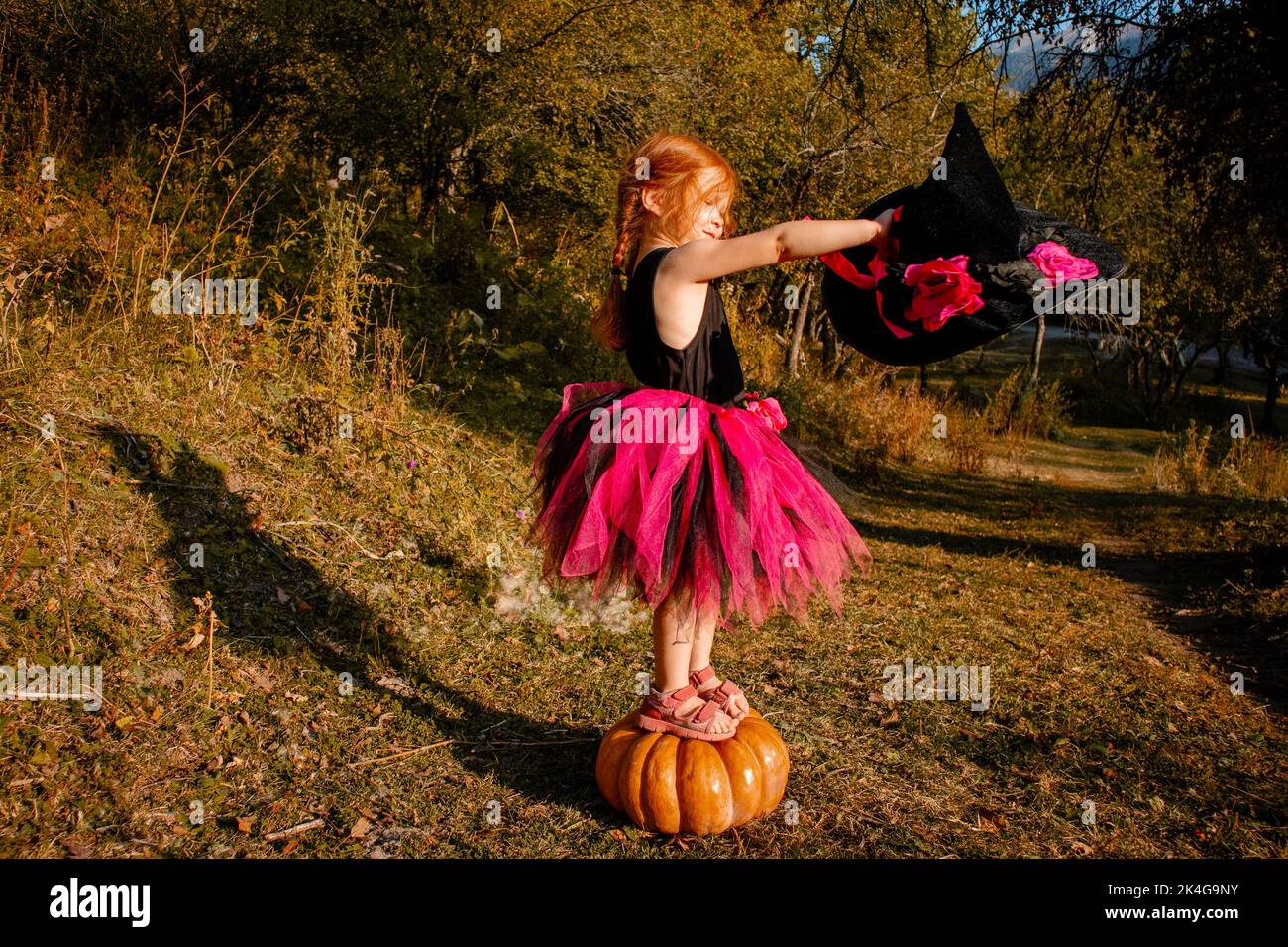 una ragazza in costume da strega si erge su una zucca nella foresta Foto Stock