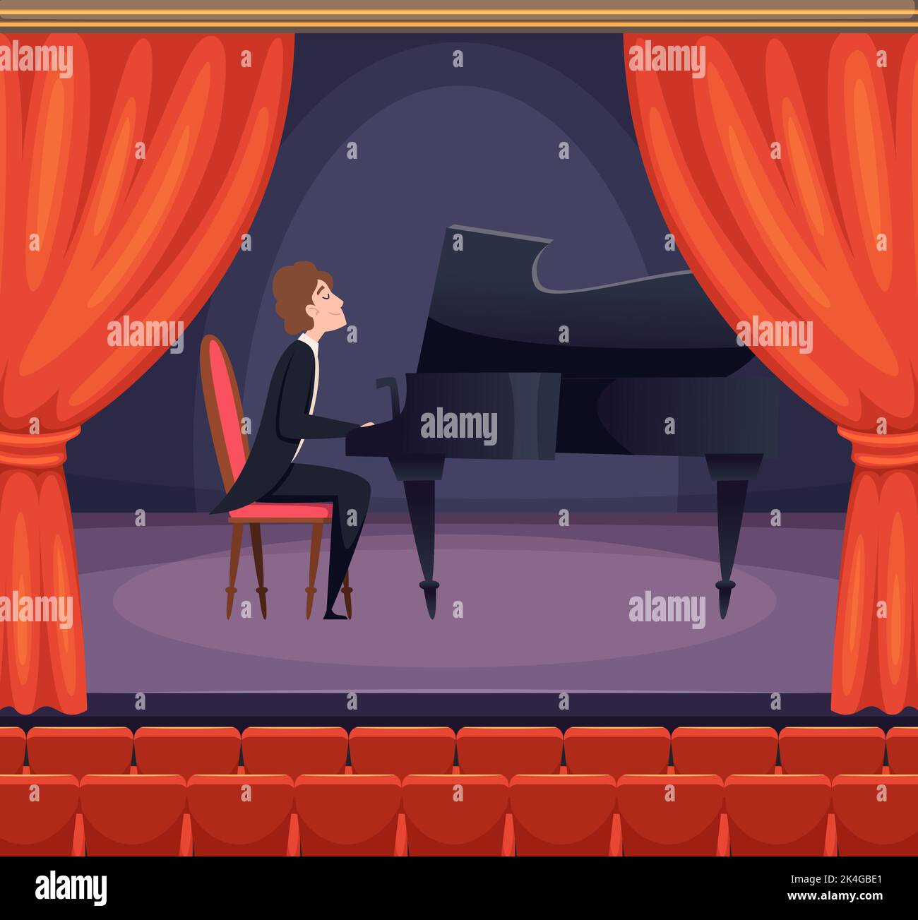 Pianista teatrale. Musicista che suona musica classica su scena intrattenimento. Sfondo vettoriale Illustrazione Vettoriale