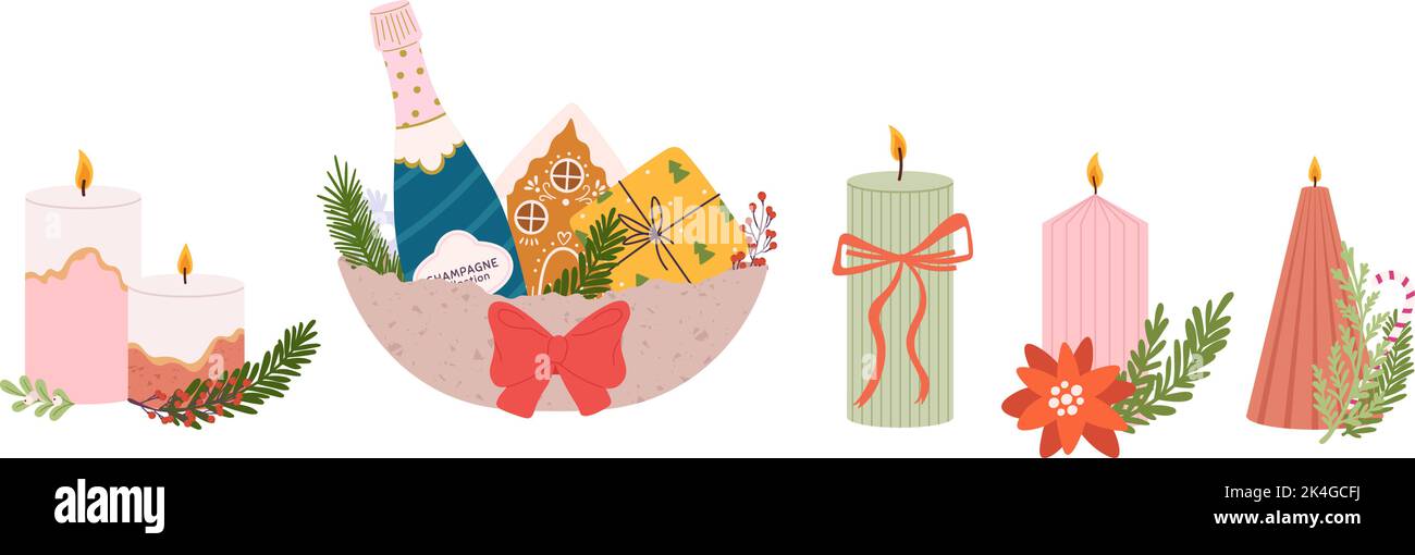 Composizioni di candele di Natale. Bottiglia di champagne e rami di abete, candela decorativa in cera, arco rosso e regalo con set vettoriale di pan di zenzero Illustrazione Vettoriale