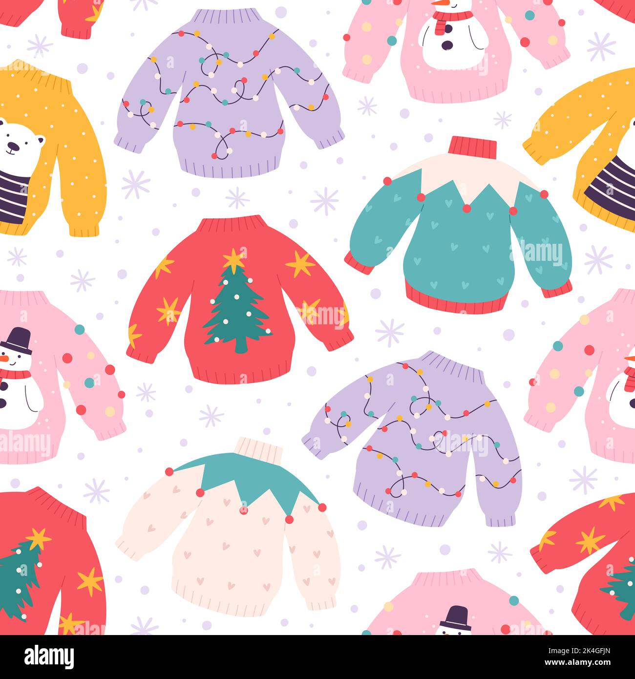 Maglioni brutti motivo senza cuciture. Pullover in stile cristmas vintage, jumper da festa invernale. Abiti per vacanze accoglienti e racy con stampa vettoriale per pupazzi di neve, orsi, ghirlande Illustrazione Vettoriale