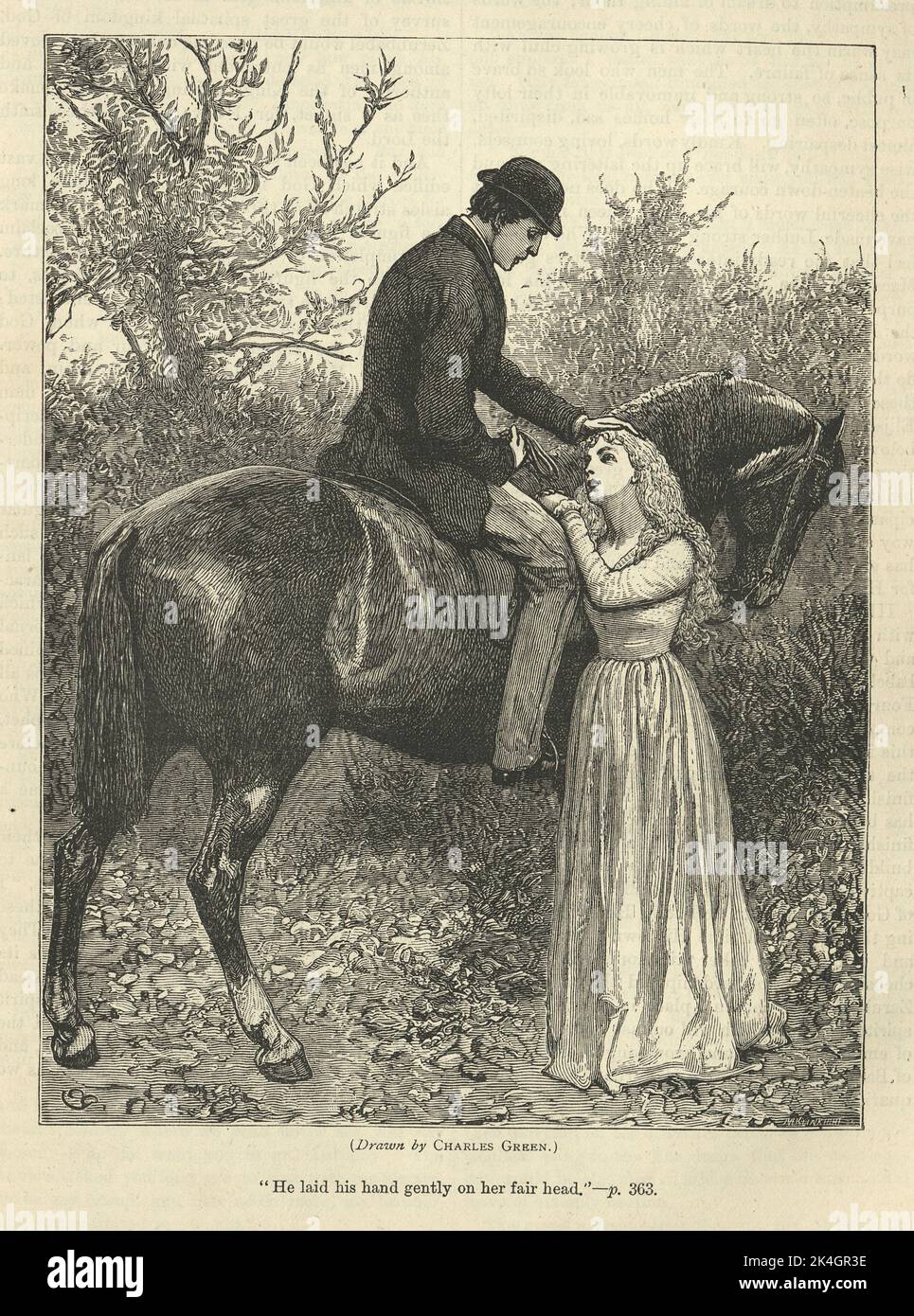 Illustrazione vintage romanzo vittoriano, giovane coppia innamorata, 1870s ° secolo, 19th °. Posò delicatamente la mano sulla sua testa Foto Stock