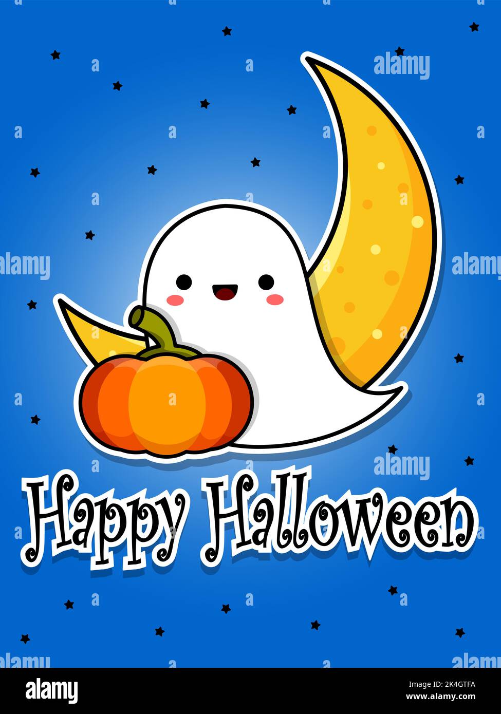 Cartolina di Halloween. Sorridente simpatico fantasma, zucca e luna. Illustrazione del vettore piano del cartone animato. Illustrazione Vettoriale