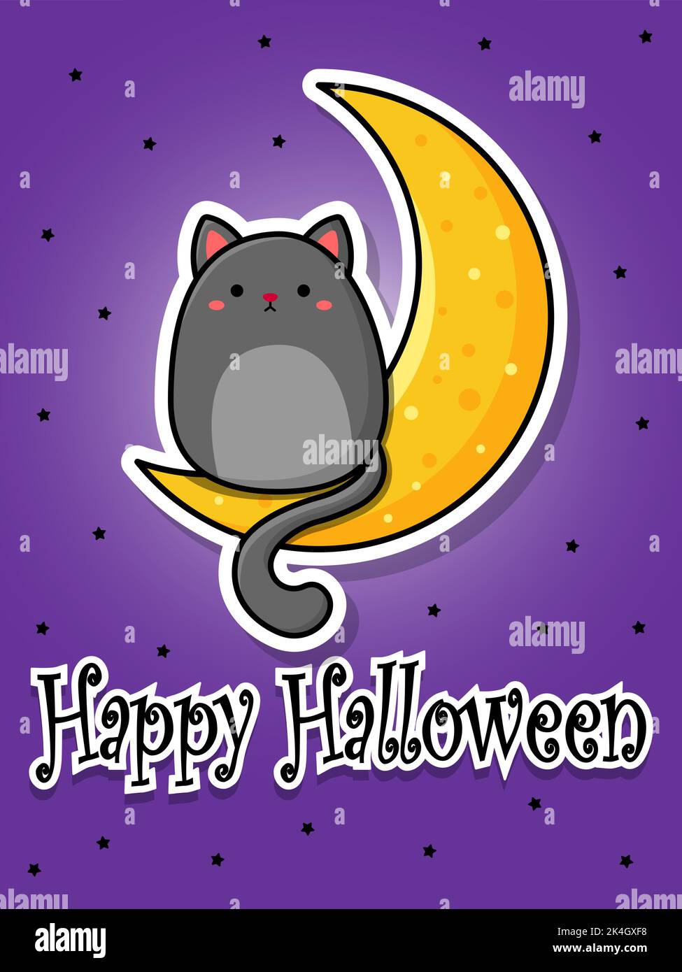 Cartolina di Halloween. Il gatto è seduto sulla luna. Adesivi di Halloween. Illustrazione del vettore piano del cartone animato. Illustrazione Vettoriale