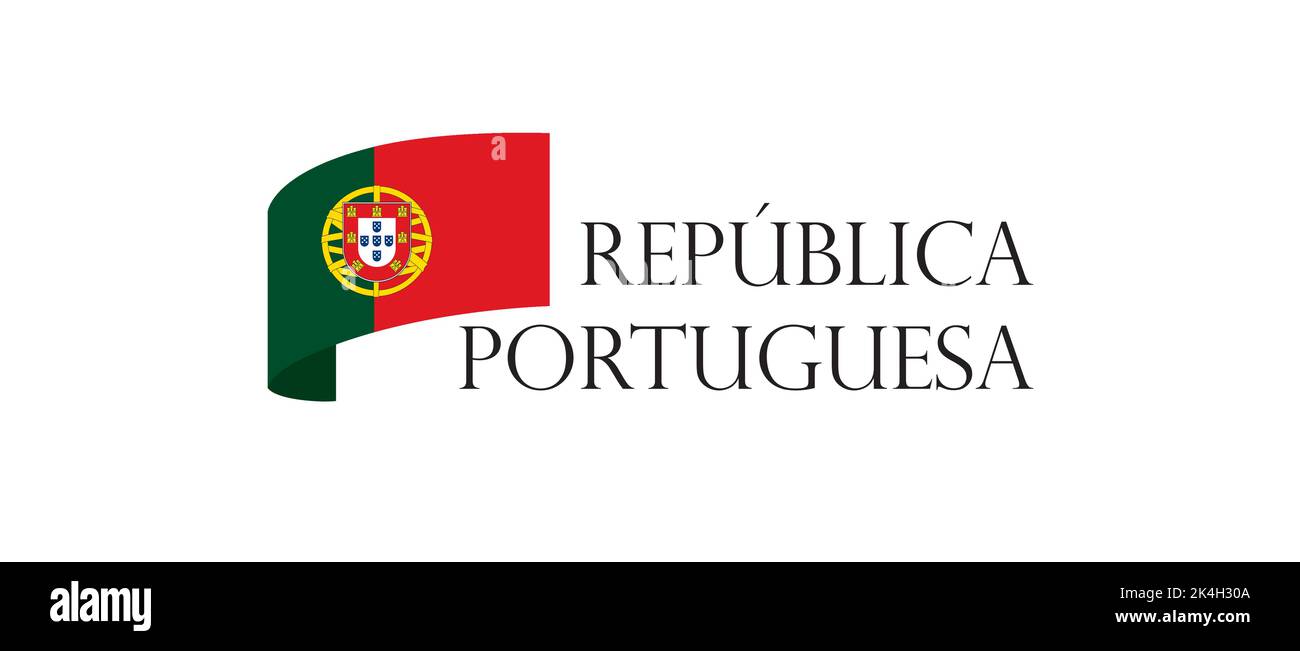 Banner di viaggio Portogallo. Lettering Repubblica portoghese con bandiera nacional. Illustrazione vettoriale su sfondo bianco Illustrazione Vettoriale