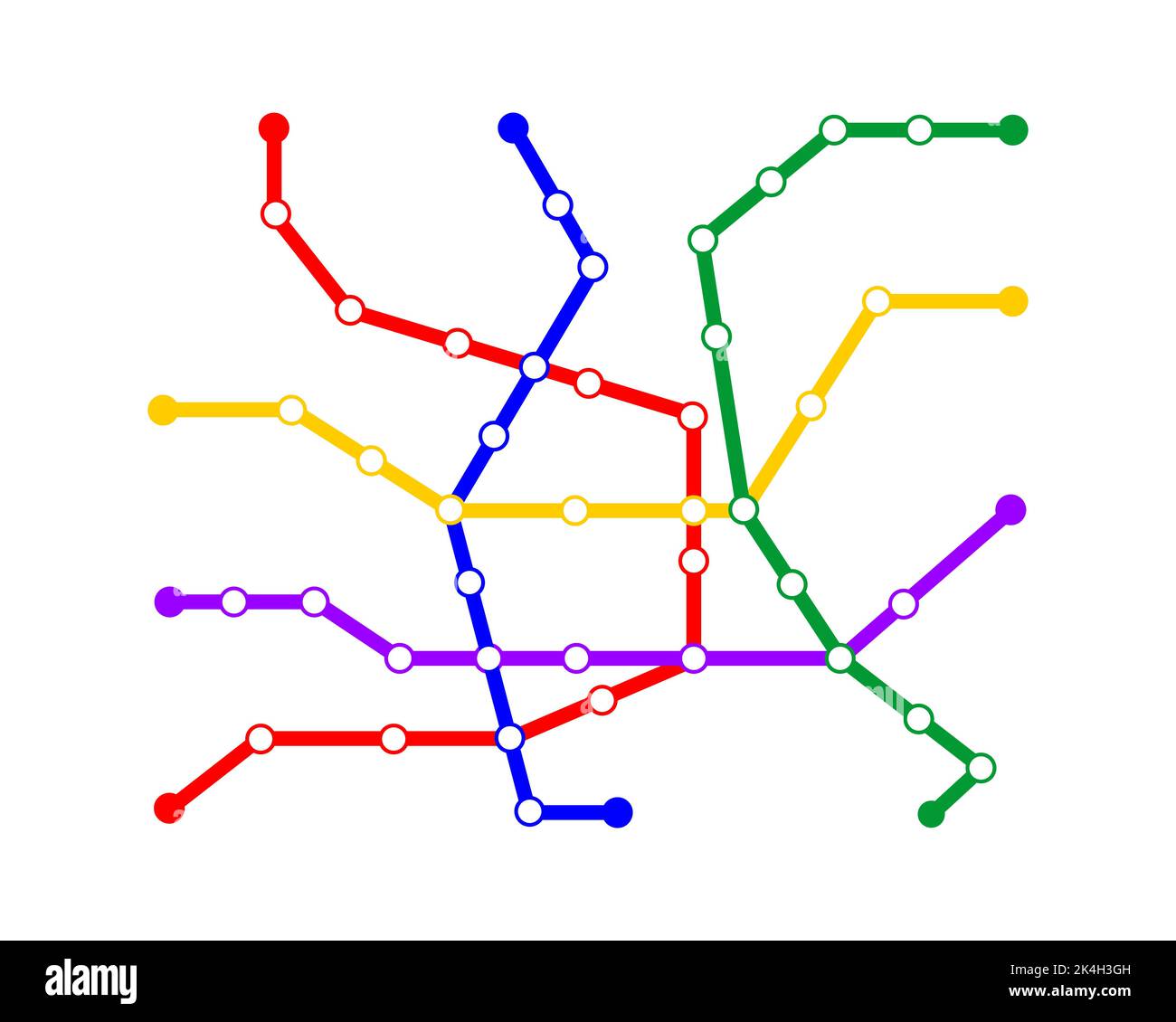 Modello mappa metropolitana. Schema della metropolitana con linee a 5 vie. Diagramma infografico della rete pubblica di trasporto rapido sotterraneo con stazioni isolate su sfondo bianco. Illustrazione vettoriale Illustrazione Vettoriale