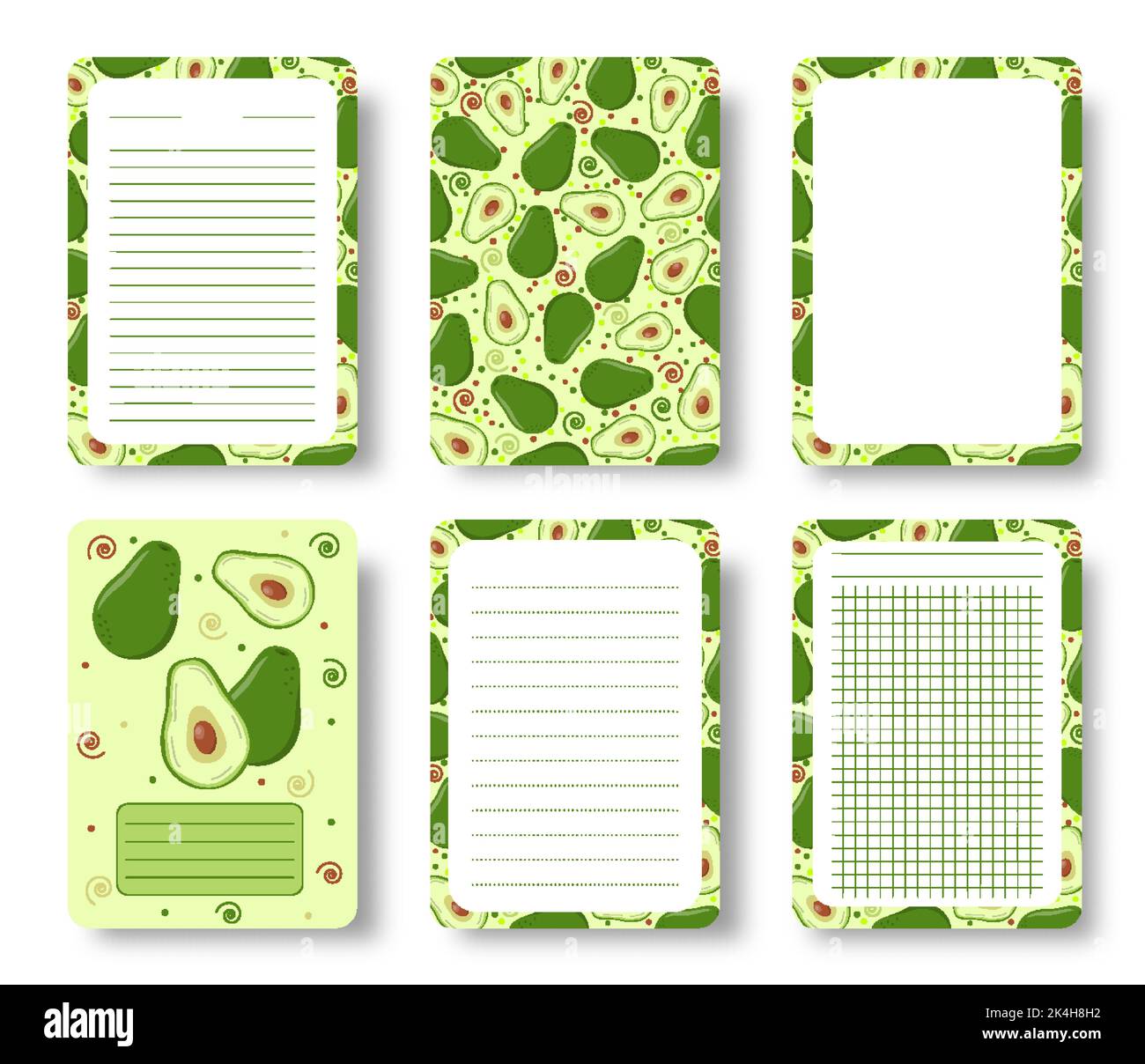 Pagina del notebook avocado e modello di copertina. Set di pagine a righe per note con frutta tropicale disegnata a mano. Sfondo della brochure del diario del blocco note. Foglio di lavoro creativo alla moda con griglia e fetta di avocado Illustrazione Vettoriale