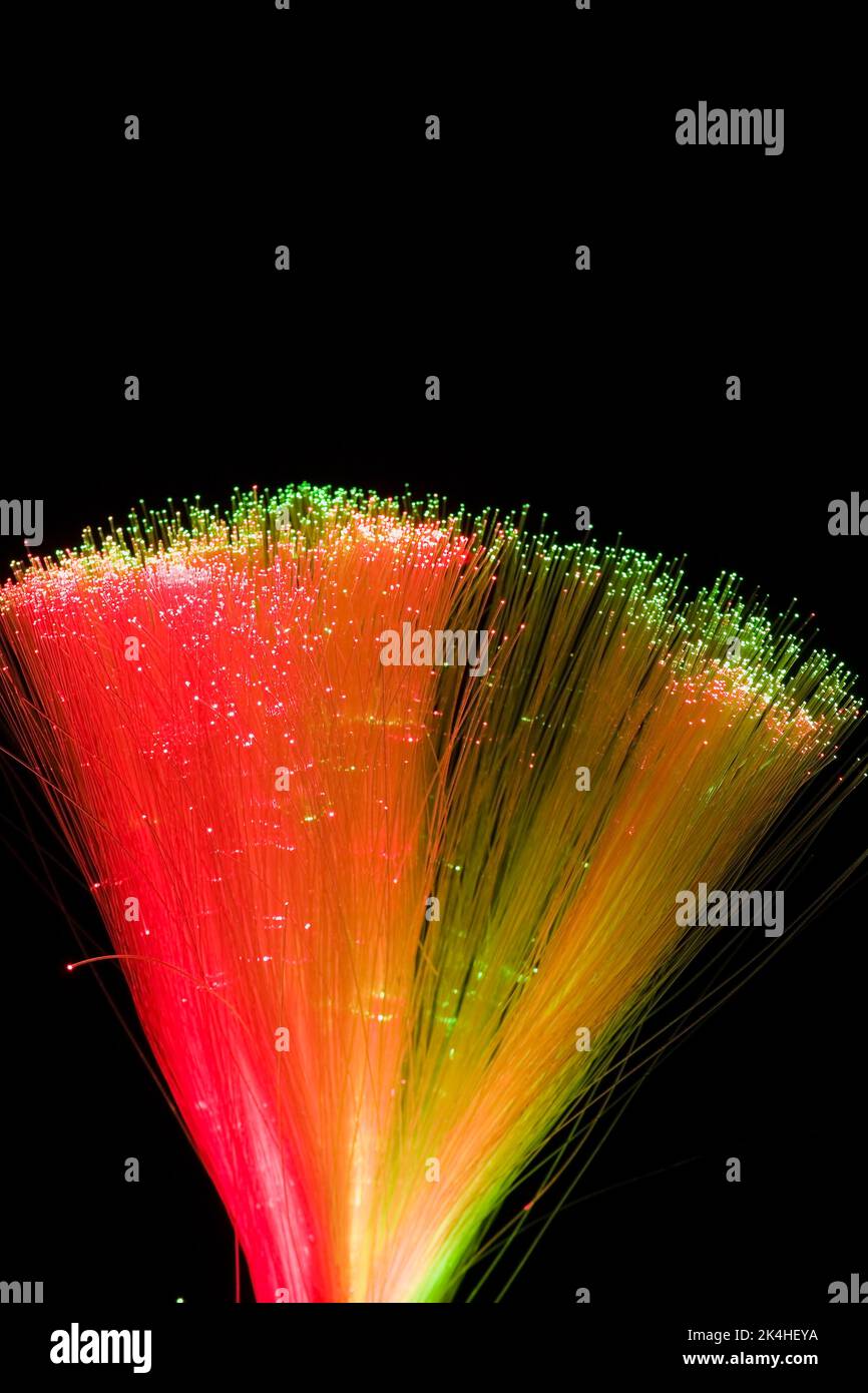 Fascio illuminato di fili in fibra ottica rossi verdi e gialli. Foto Stock