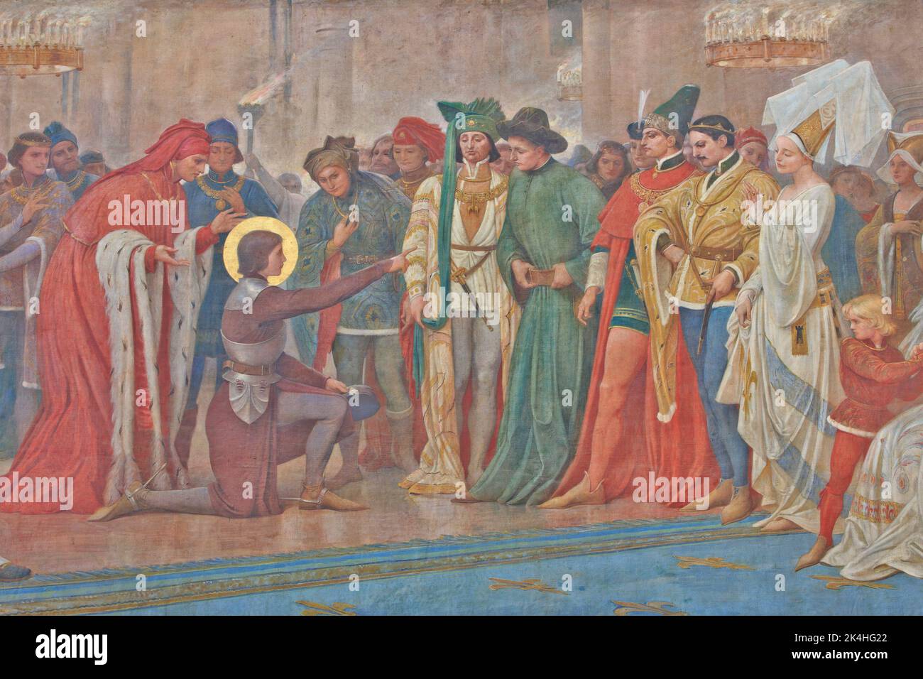 Giovanna d'Arco che indica il futuro re in travestimento su un dipinto murale alla basilica di Bois-Chenu in Domrémy-la-Pucelle (Vosges), Francia Foto Stock
