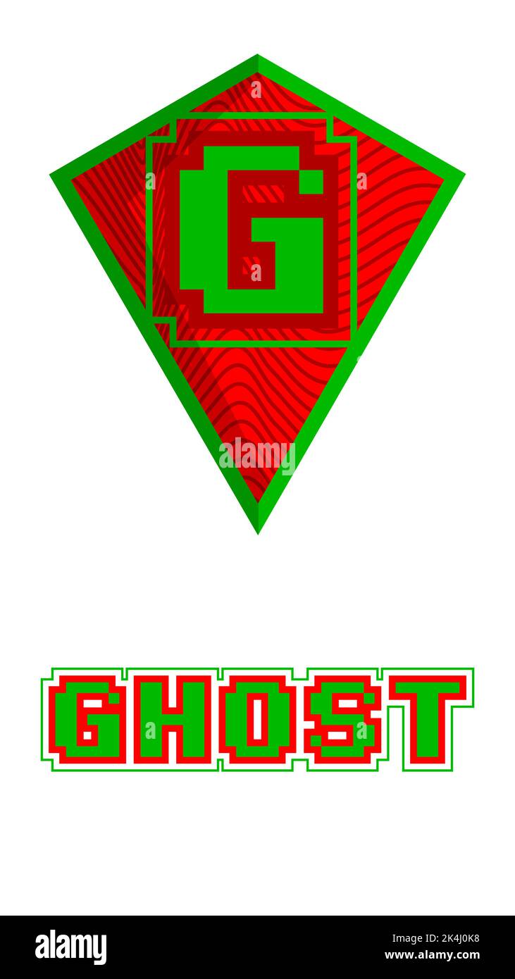 Stemma del supereroe con l'icona di Super Ghost. Illustrazione vettoriale colorata stile fumetto. Illustrazione Vettoriale