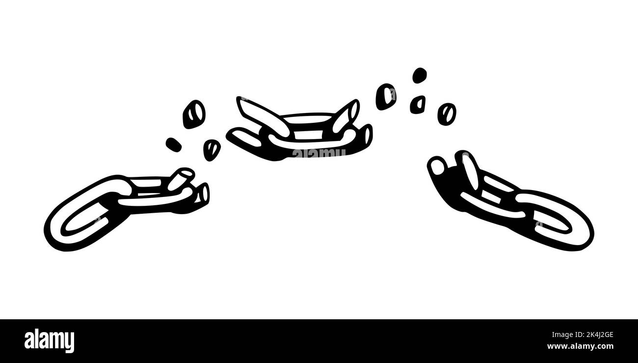Catena spezzata con frantumazioni come simbolo di forza e libertà. Schizzo delle catene metalliche. Illustrazione vettoriale isolata su sfondo bianco Illustrazione Vettoriale
