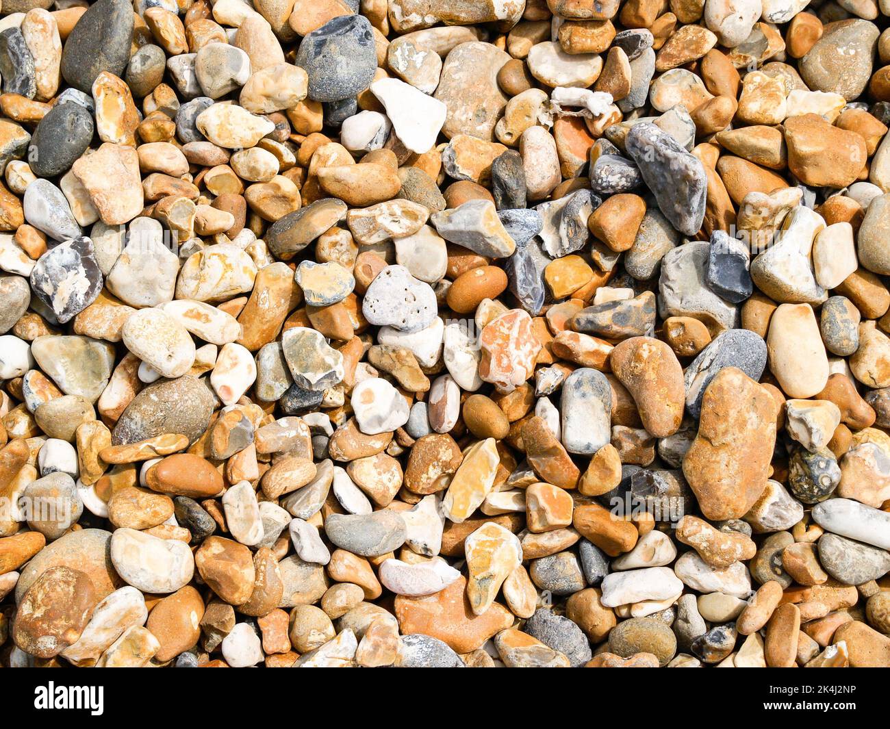 Vista piatta di pietre colorate della spiaggia che mostra la varietà e la diversità di ciottoli. Foto Stock