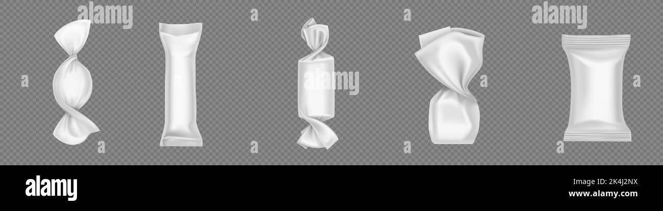 Confezioni bianche di caramelle e cioccolatini, 3D confezioni di plastica bianca. Mockup vettoriale realistico di impacchi dolci, modello vuoto di impacchi per bonbon, snack e caramelle di zucchero duro Illustrazione Vettoriale