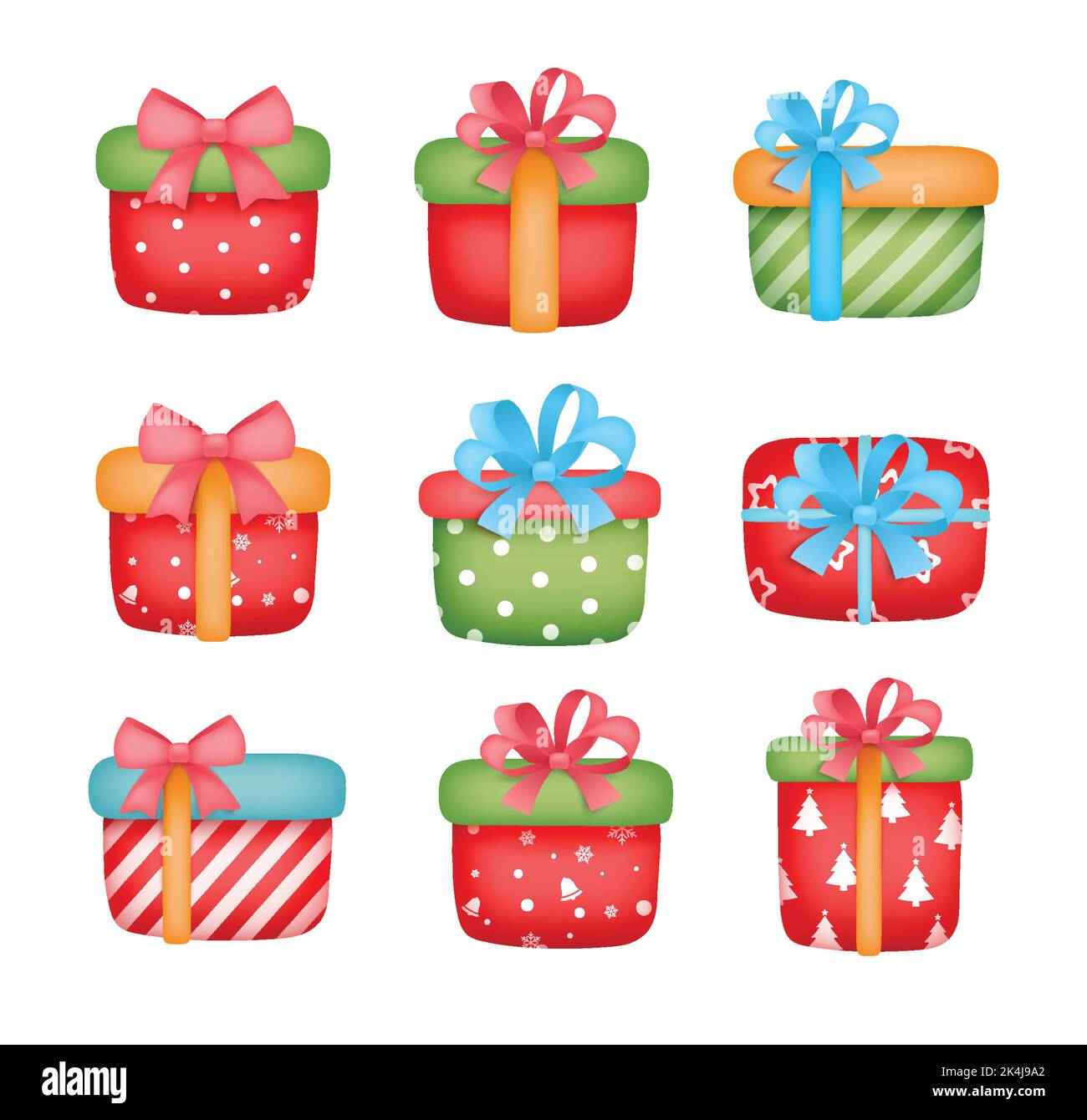 Natale e felice anno nuovo scatole regalo set su sfondo bianco. Illustrazione Vettoriale Natale e felice anno nuovo scatole regalo set su sfondo bianco. Illustrazione Vettoriale