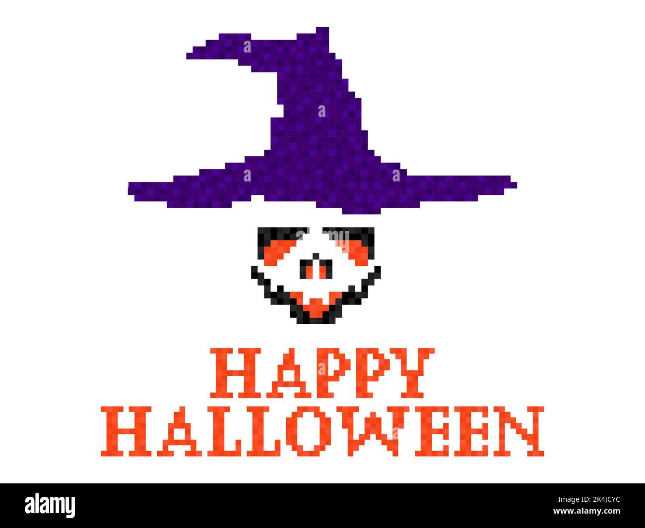 Halloween felice 31st ottobre, trucco o trattare. Halloween faccia intagliata in cappello di strega in stile pixel art. Evil spaventoso faccia retro grafica a 8 bit. Progettare per un Illustrazione Vettoriale