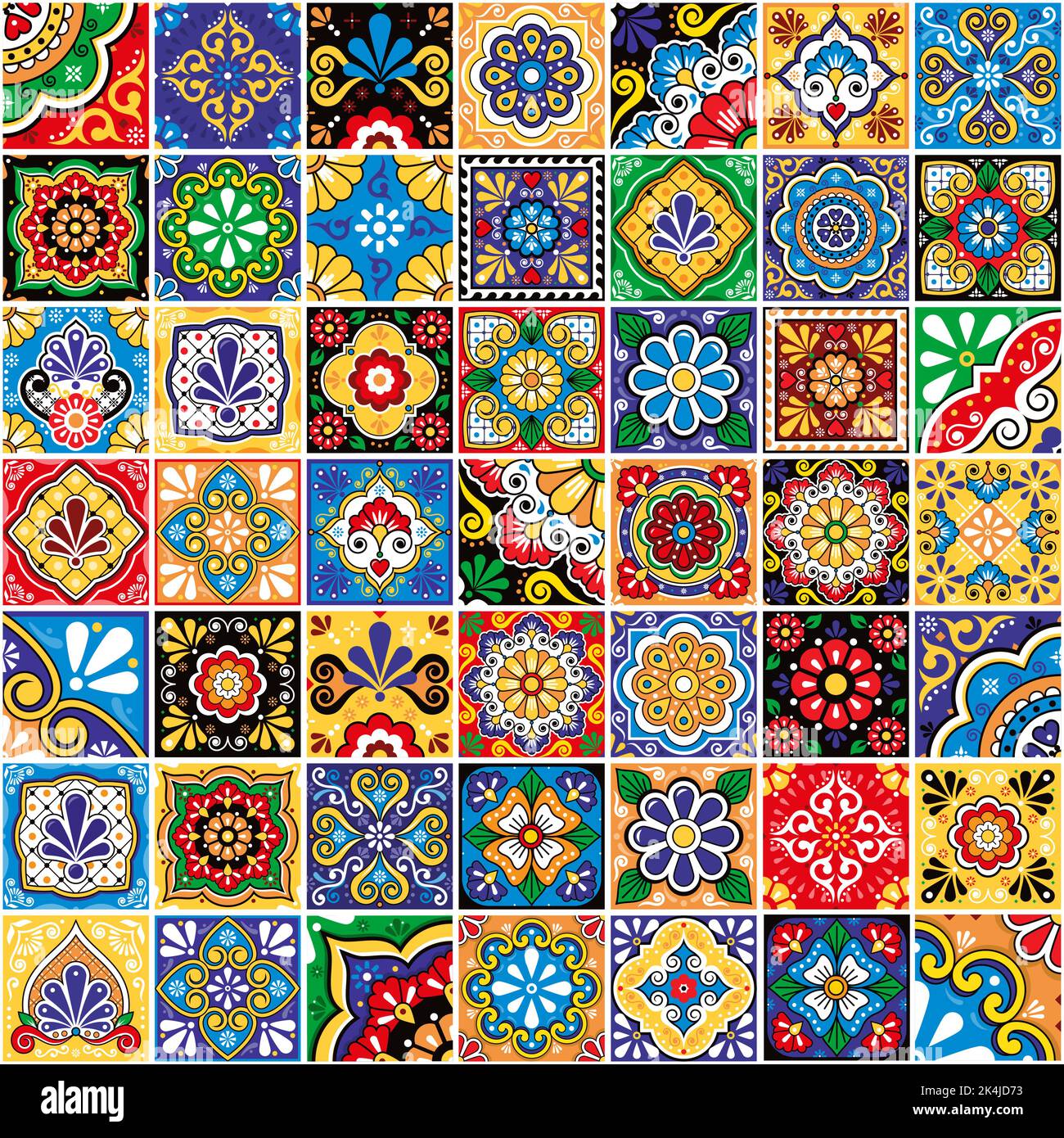 Piastrelle talavera messicane vettore senza cuciture motivo - grande 49 diversi set di design colorato, perfetto per carta da parati, tessuto o stampa tessuto Illustrazione Vettoriale