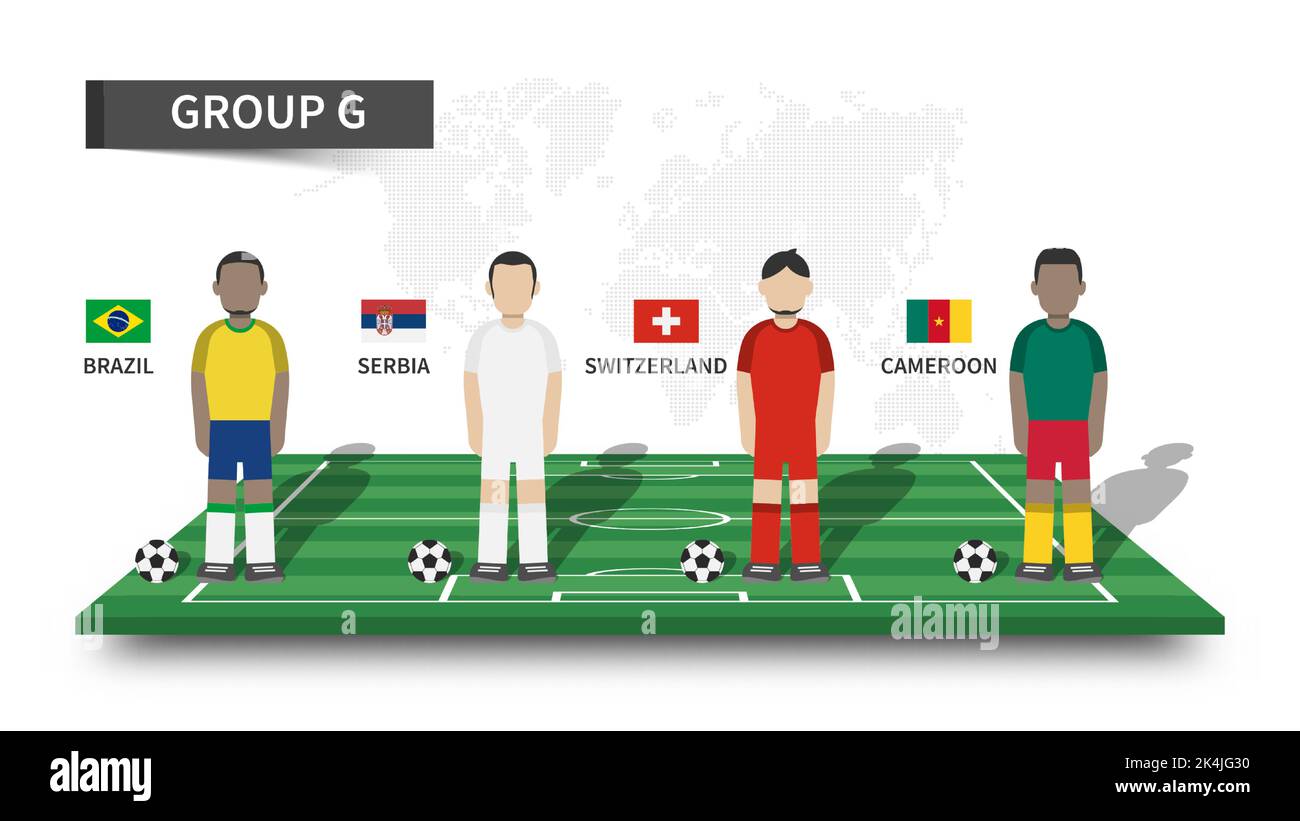 Qatar fifa World Cup torneo di calcio 2022 . 32 squadre palcoscenici di gruppo e personaggio dei cartoni animati con maglia e bandiere nazionali sul calcio prospettico Illustrazione Vettoriale
