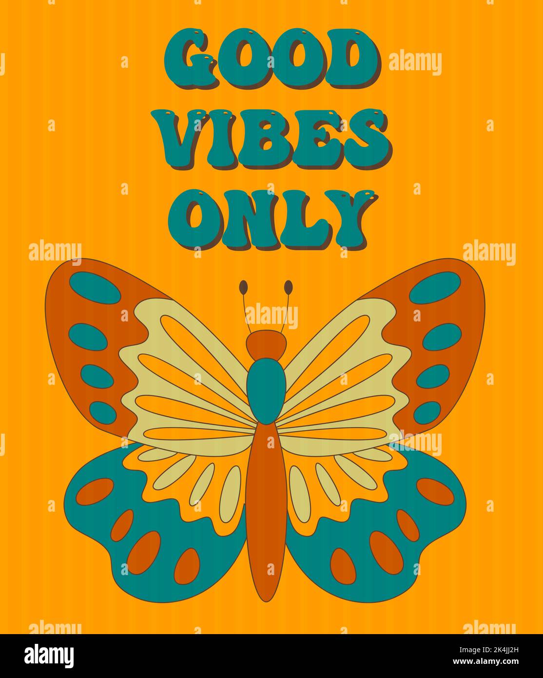 Poster retro groovy 60s 70s con farfalla groovy per carte, adesivi o poster design. Slogan tipografico Illustrazione Vettoriale