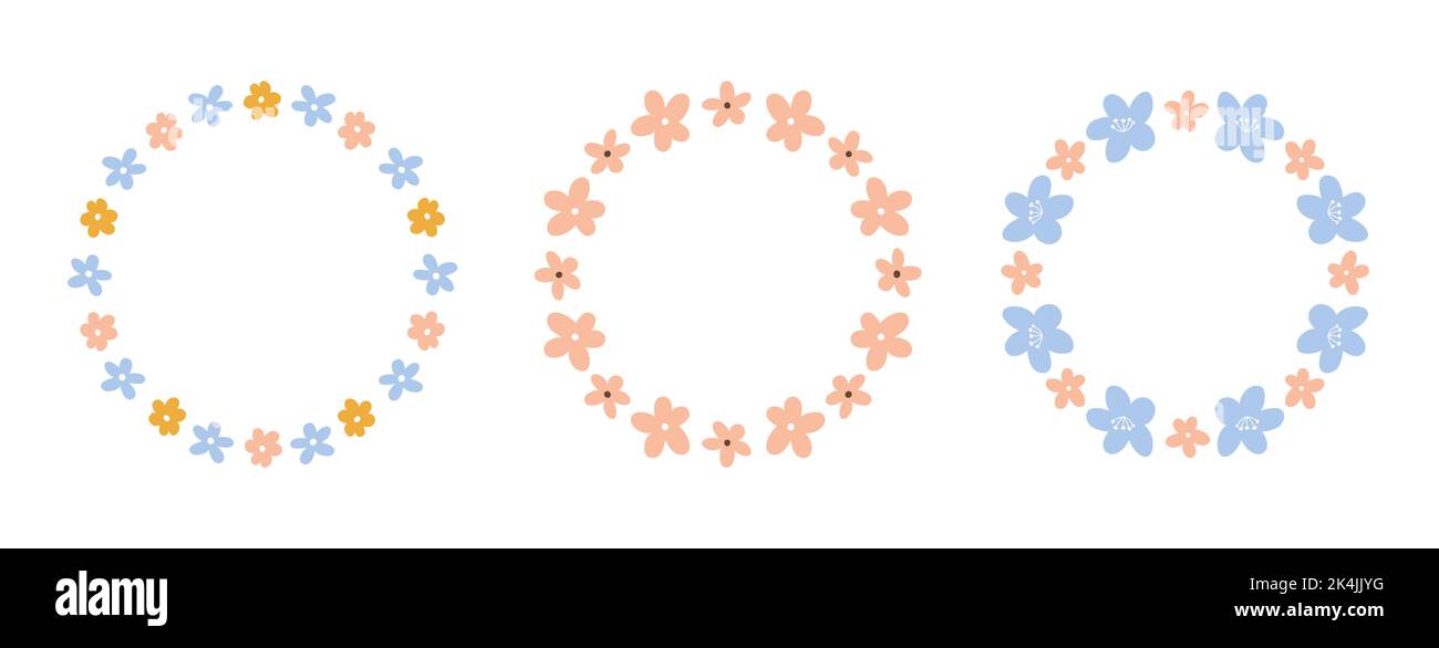 Set di graziose corone floreali con piccoli fiori isolati su sfondo bianco. Illustrazione piatta disegnata a mano con vettore. Perfetto per carte, inviti, arredamento Illustrazione Vettoriale