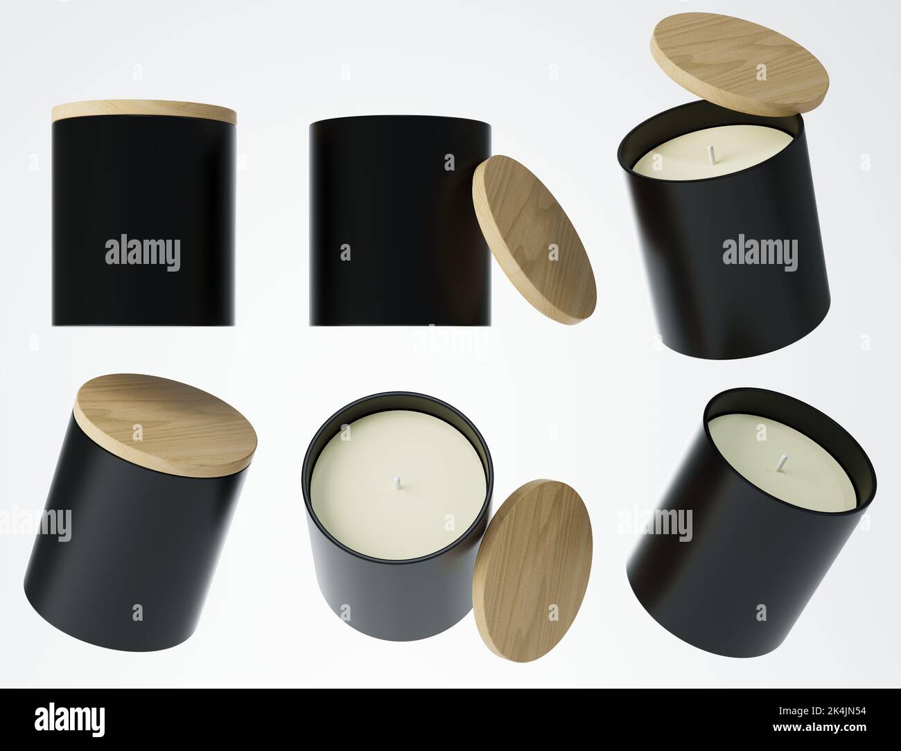 Candela aromatica in vasetto di ceramica nero con stoppino di cotone e coperchio di legno 3D rendono diverse angolazioni, branding e design pronti commerciale realistico mock-up Foto Stock