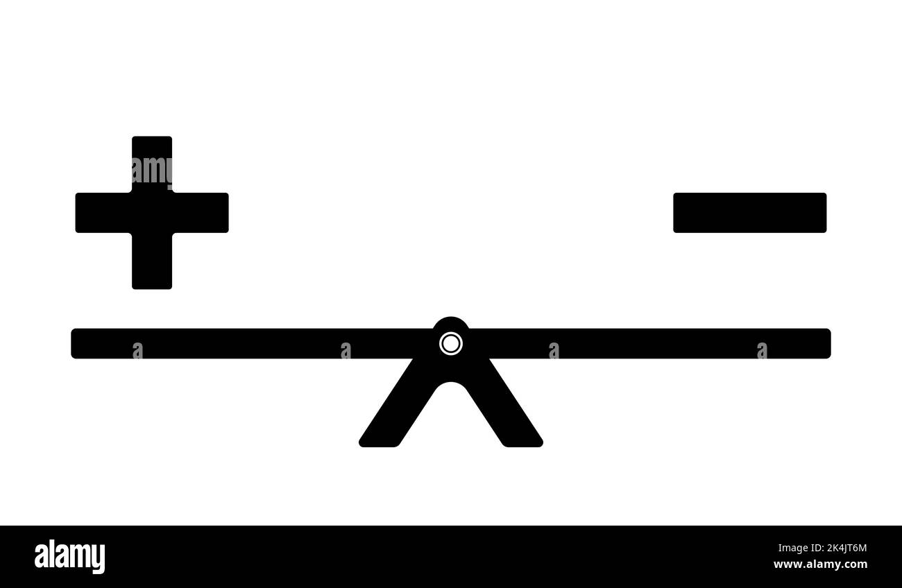 Concetto di equilibrio positivo e negativo. Simbolo positivo e negativo su un'altalena. Illustrazione vettoriale Illustrazione Vettoriale