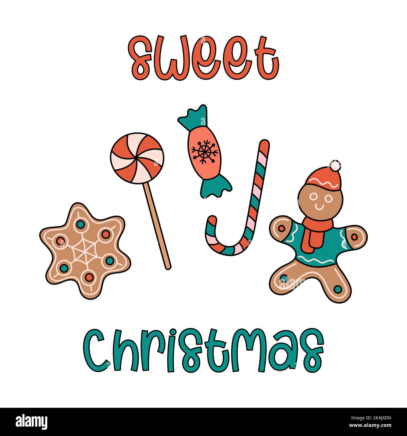 Dolce biglietto di auguri natalizio. Cartolina vettoriale con dolci natalizi tradizionali fatti in casa. Pan di zenzero decorato, zenzero, lecca e caramelle. Divertente Illustrazione Vettoriale