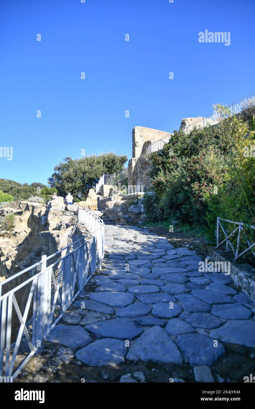 Un'antica strada nel parco archeologico di Cuma vicino a Napoli. Foto Stock