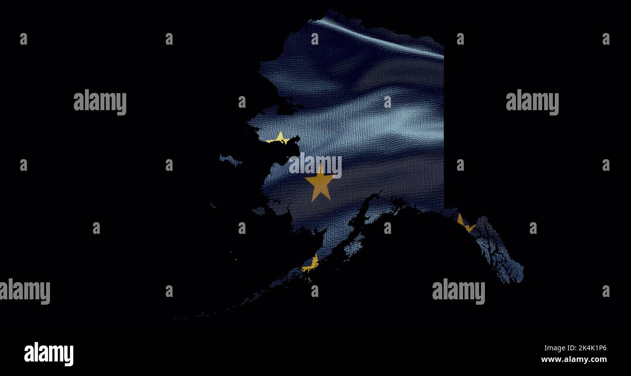 Mappa dello stato dell'Alaska con bandiera ondulata. Sfondo canale alfa. Foto Stock