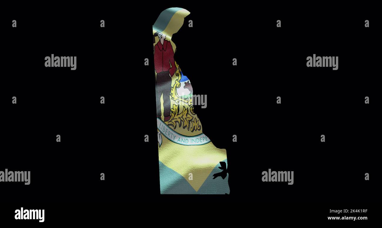 Mappa di stato del Delaware con flag di ondulazione. Sfondo canale alfa. Foto Stock