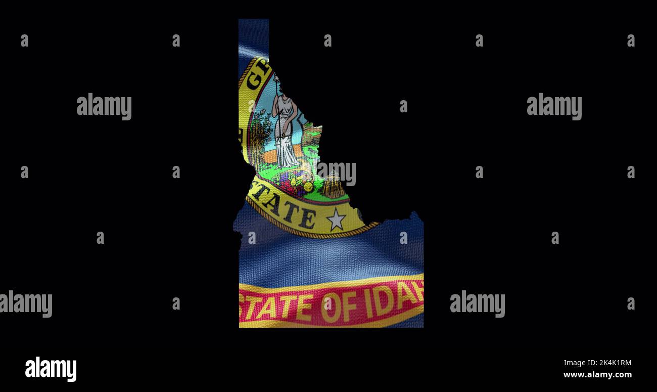 Mappa dello stato dell'Idaho con bandiera ondulata. Sfondo canale alfa. Foto Stock