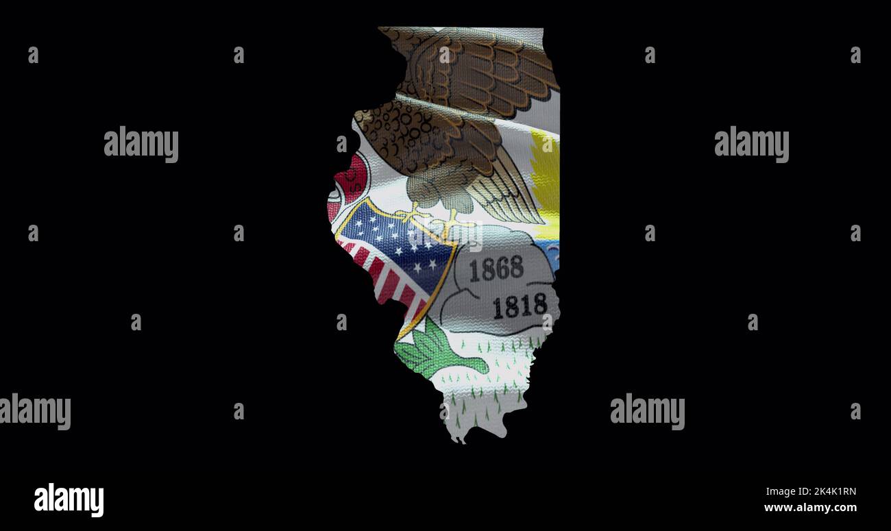 Mappa dello stato dell'Illinois con bandiera ondulata. Sfondo canale alfa. Foto Stock