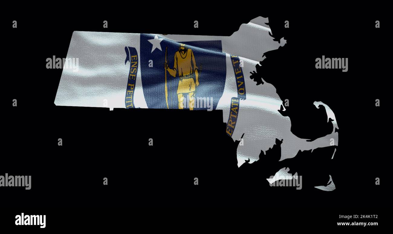 Mappa dello stato del Massachusetts con bandiera ondulata. Sfondo canale alfa. Foto Stock