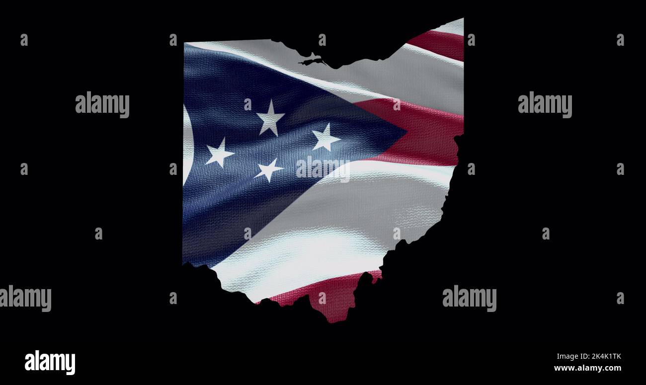Mappa dello stato dell'Ohio con bandiera ondulata. Sfondo canale alfa. Foto Stock