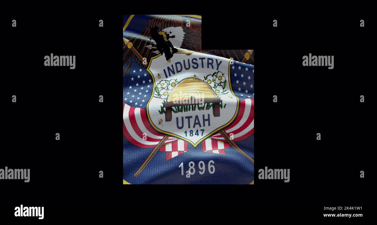 Mappa dello stato dello Utah con bandiera ondulata. Sfondo canale alfa. Foto Stock