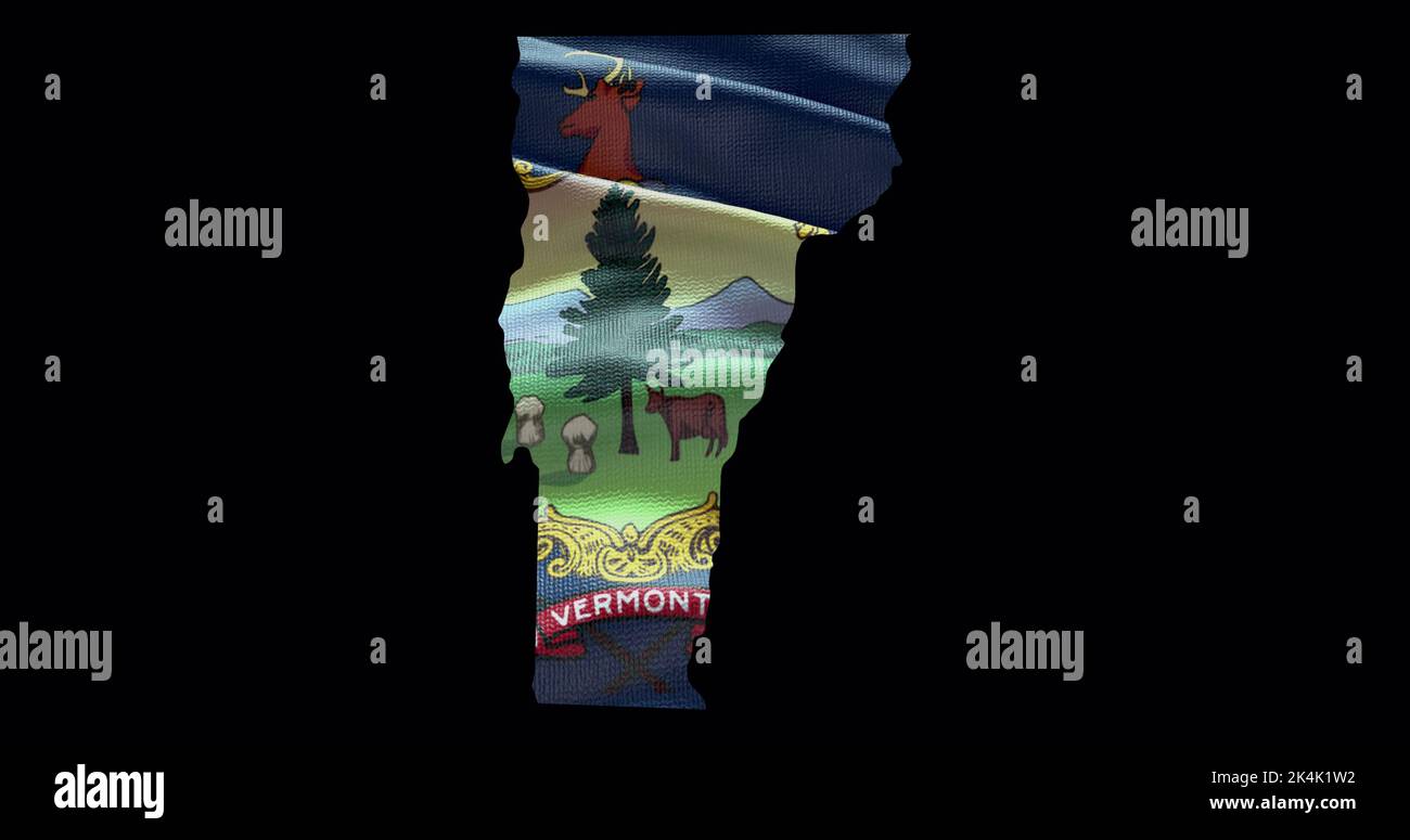 Mappa dello stato del Vermont con bandiera ondulata. Sfondo canale alfa. Foto Stock