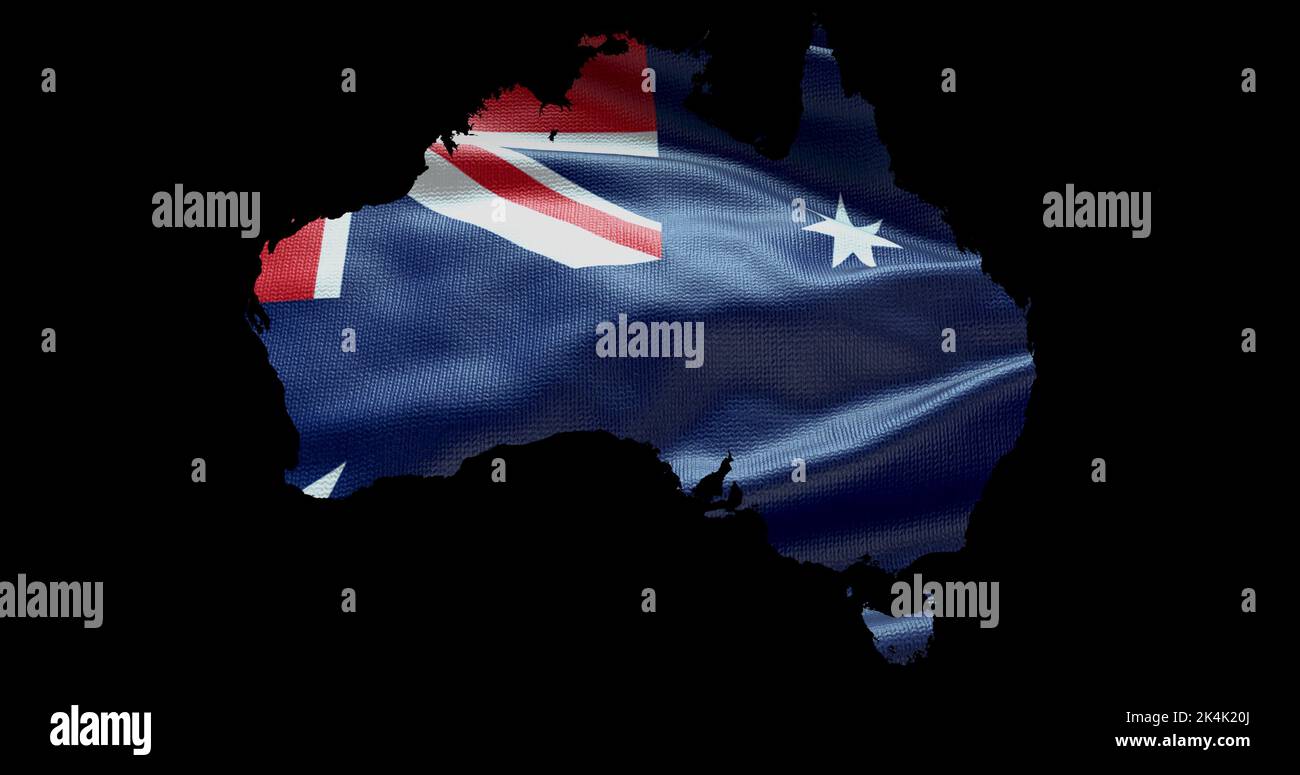 Forma della mappa australiana con sfondo a bandiera ondulata. Profilo del canale alfa del paese. Foto Stock