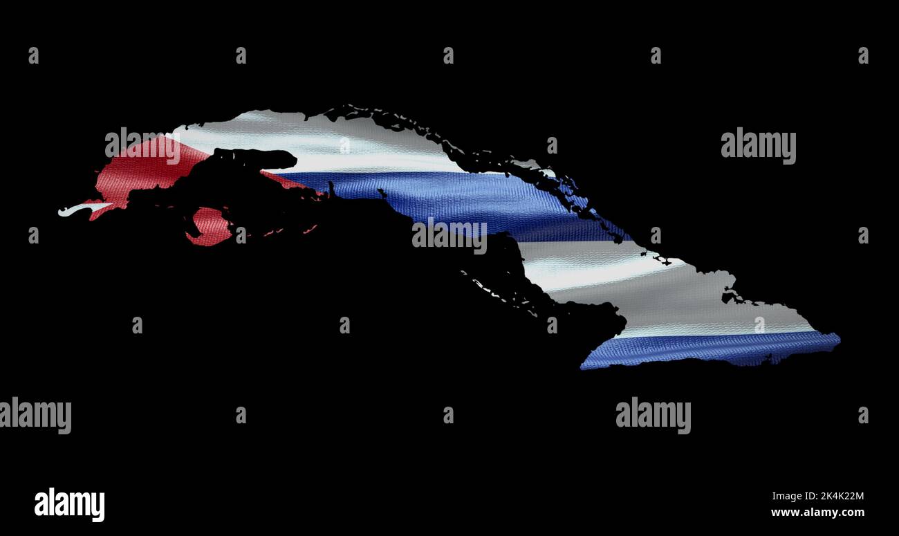 Forma della mappa di Cuba con sfondo a bandiera ondulata. Profilo del canale alfa del paese. Foto Stock