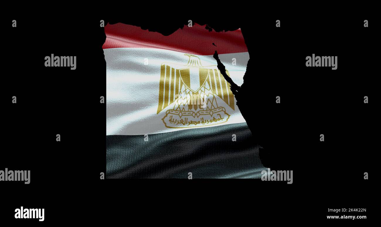 Forma della mappa egiziana con sfondo a bandiera ondulata. Profilo del canale alfa del paese. Foto Stock