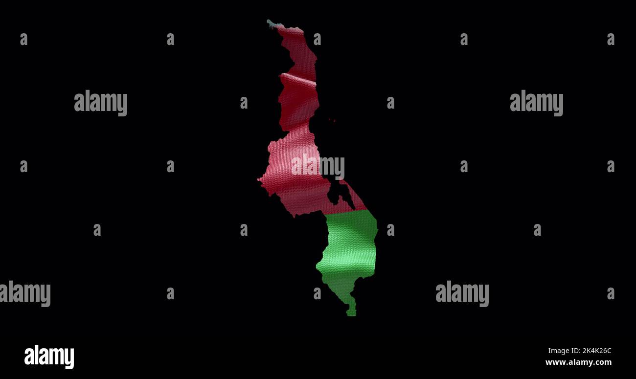 Forma della mappa del Malawi con sfondo a bandiera ondulata. Profilo del canale alfa del paese. Foto Stock