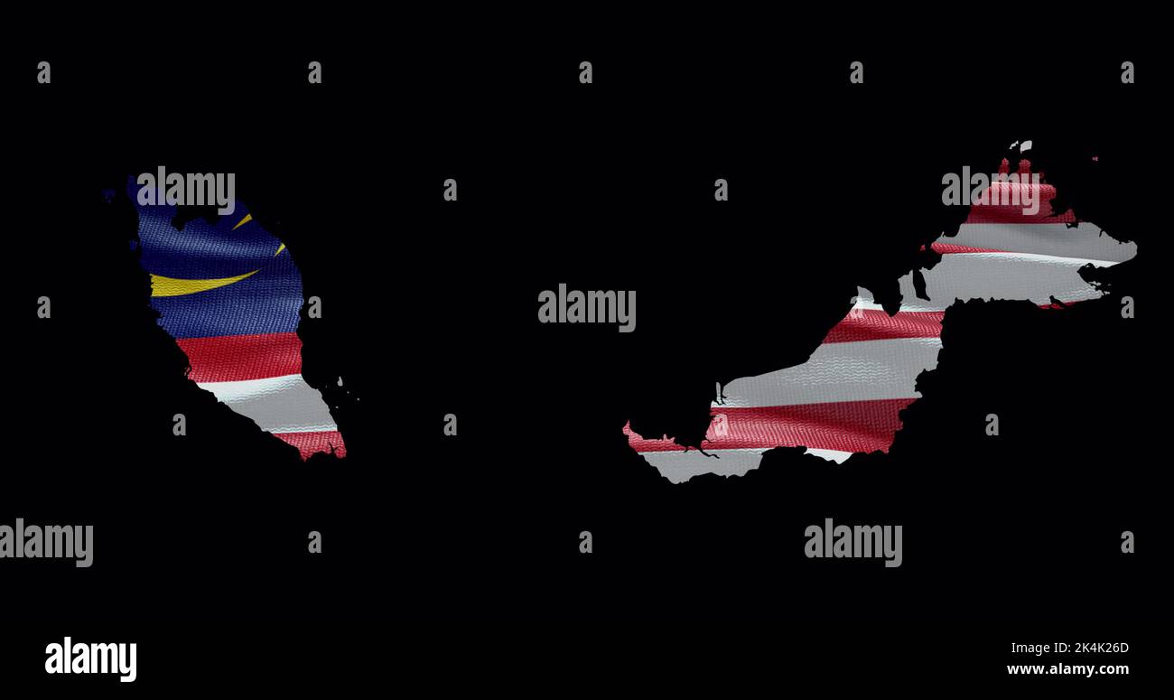 Forma della mappa malese con sfondo a bandiera ondulata. Profilo del canale alfa del paese. Foto Stock