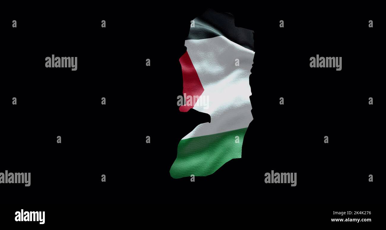 Forma della mappa della Palestina con sfondo a bandiera ondulata. Profilo del canale alfa del paese. Foto Stock
