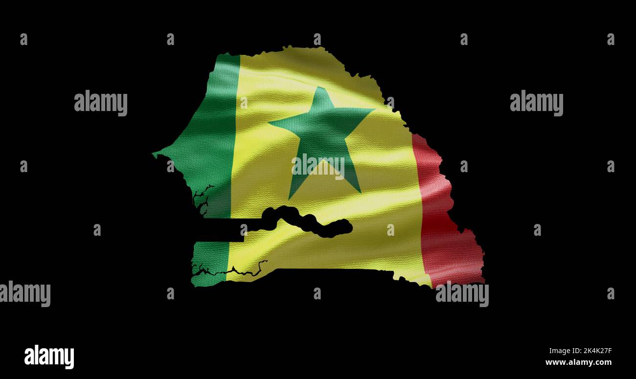 Forma della mappa del Senegal con sfondo a bandiera ondulata. Profilo del canale alfa del paese. Foto Stock