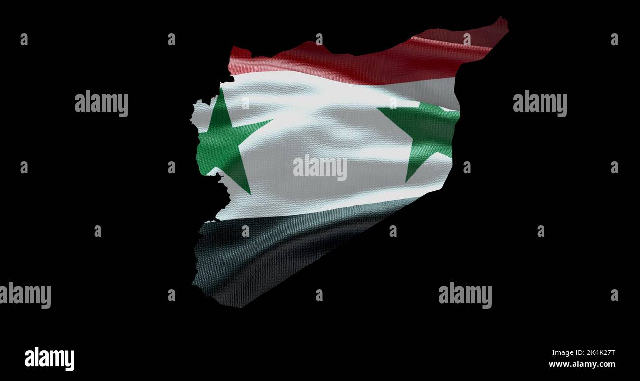Forma della mappa della Siria con sfondo a bandiera ondulata. Profilo del canale alfa del paese. Foto Stock