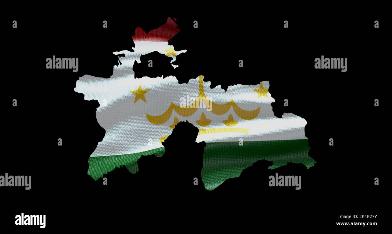 Forma della mappa del Tagikistan con sfondo a bandiera ondulata. Profilo del canale alfa del paese. Foto Stock