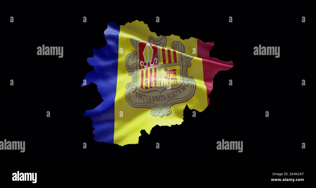Forma della mappa di Andorra con sfondo a bandiera ondulata. Profilo del canale alfa del paese. Foto Stock