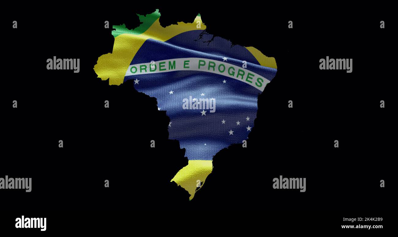 Forma della mappa del Brasile con sfondo a bandiera ondulata. Profilo del canale alfa del paese. Foto Stock