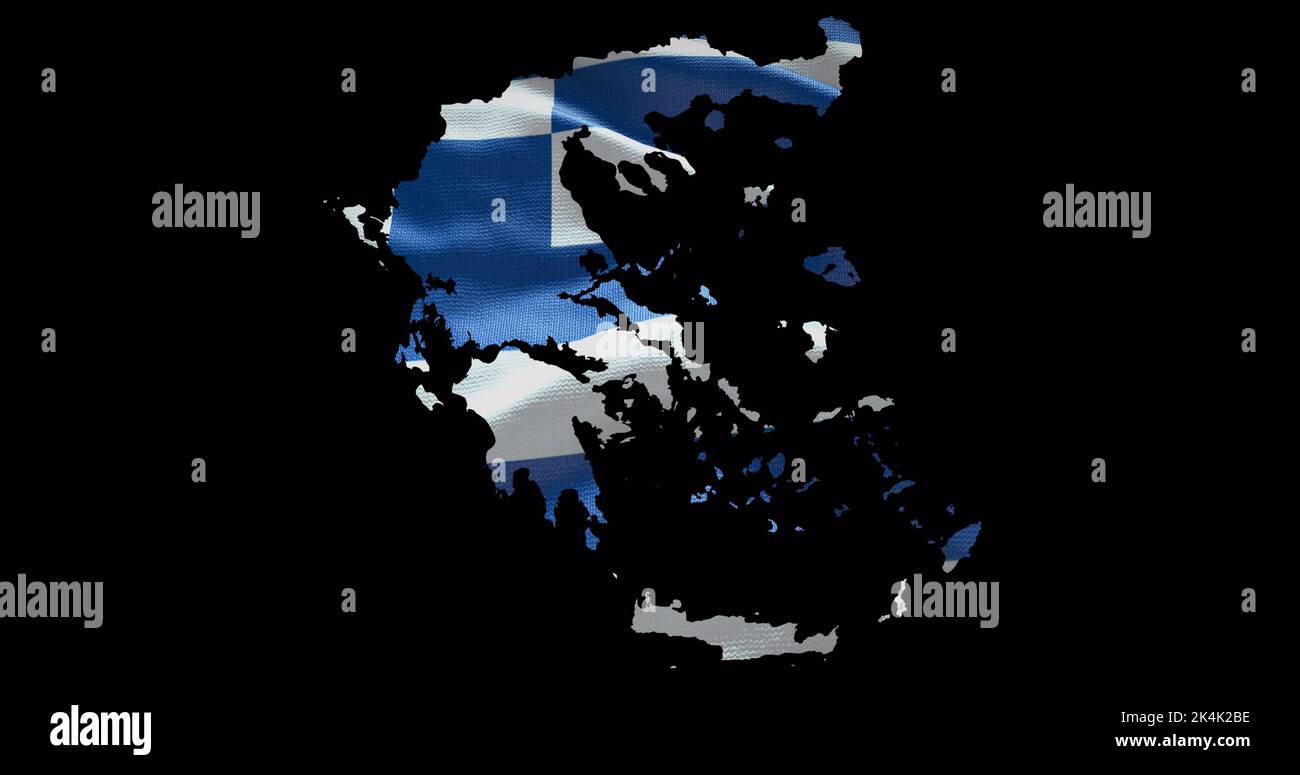 Forma della mappa della Grecia con sfondo a bandiera ondulata. Profilo del canale alfa del paese. Foto Stock